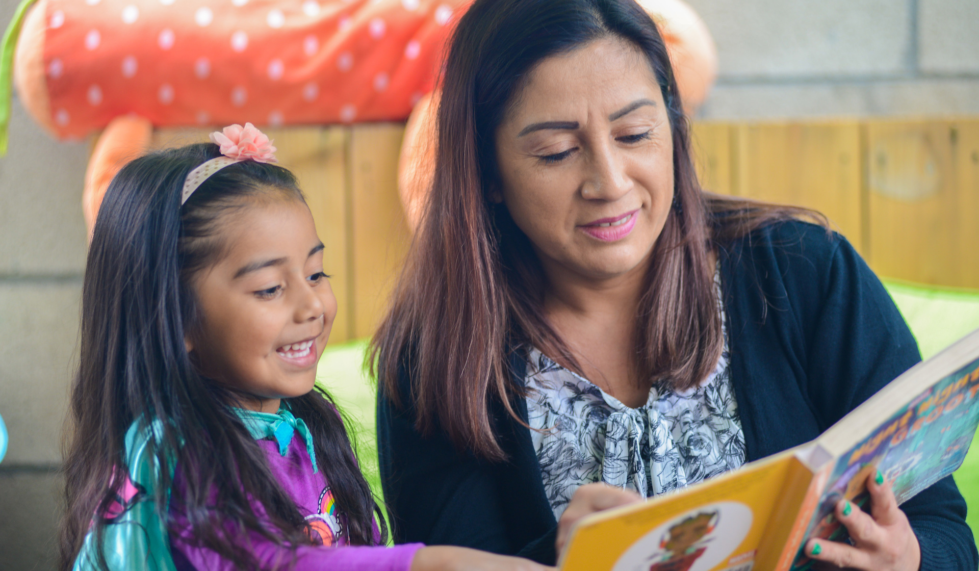 Photograph of an early educator reading with a young child