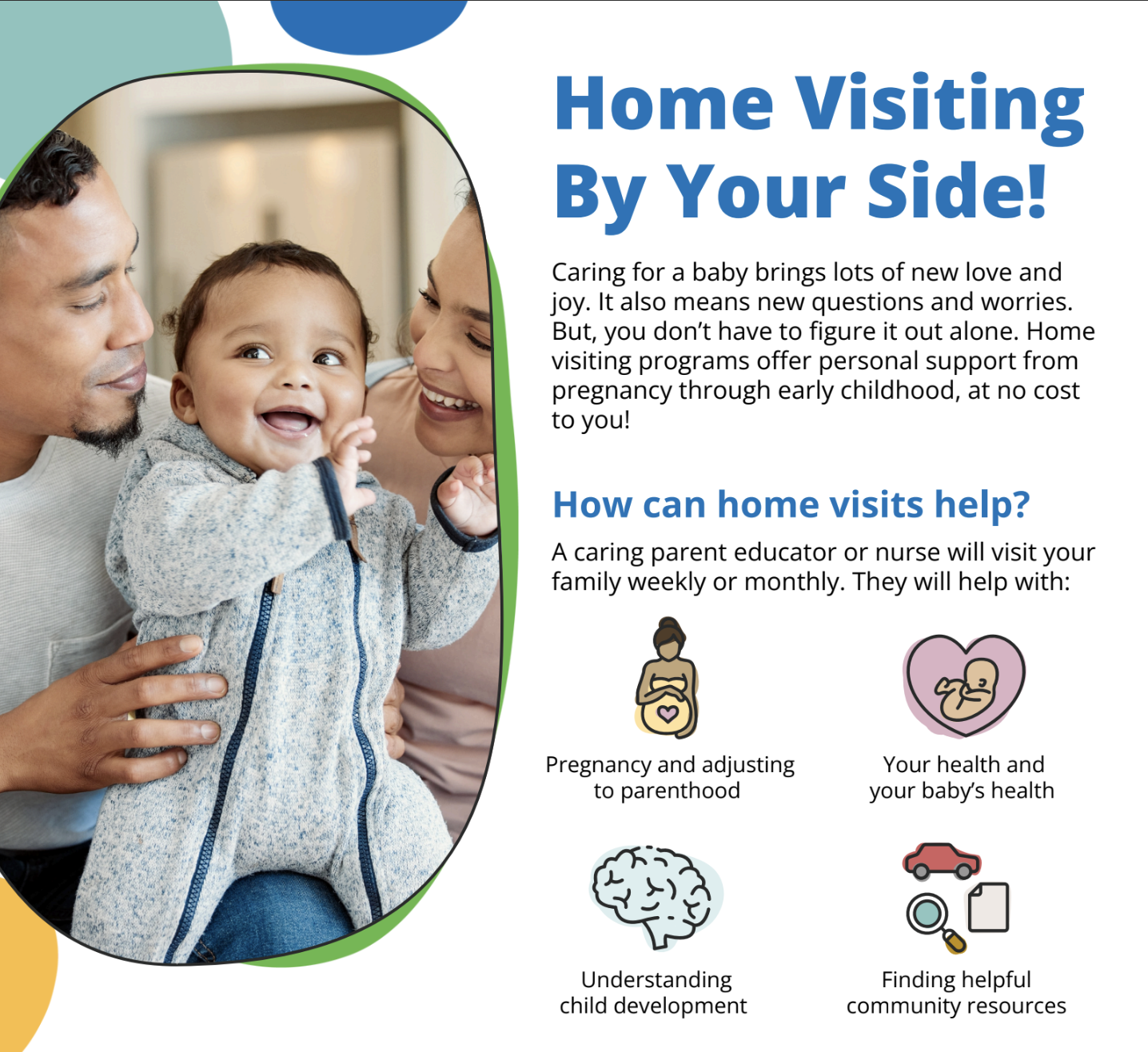 image of a photo of a baby and parents with text describing the benefits of home visiting next to it